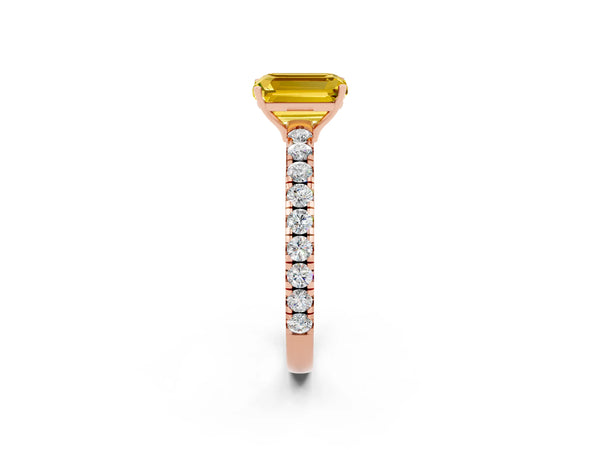 Rose gold Emerald Cut Yellow Sapphire Pavé Solitaire Engagement Ring with Four-Prong Setting