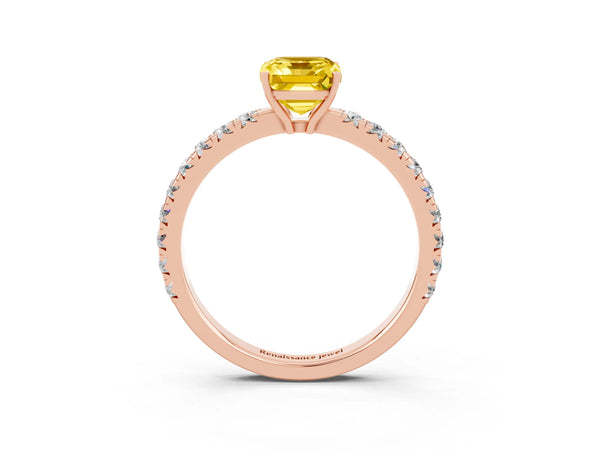 Rose gold Emerald Cut Yellow Sapphire Pavé Solitaire Engagement Ring with Four-Prong Setting