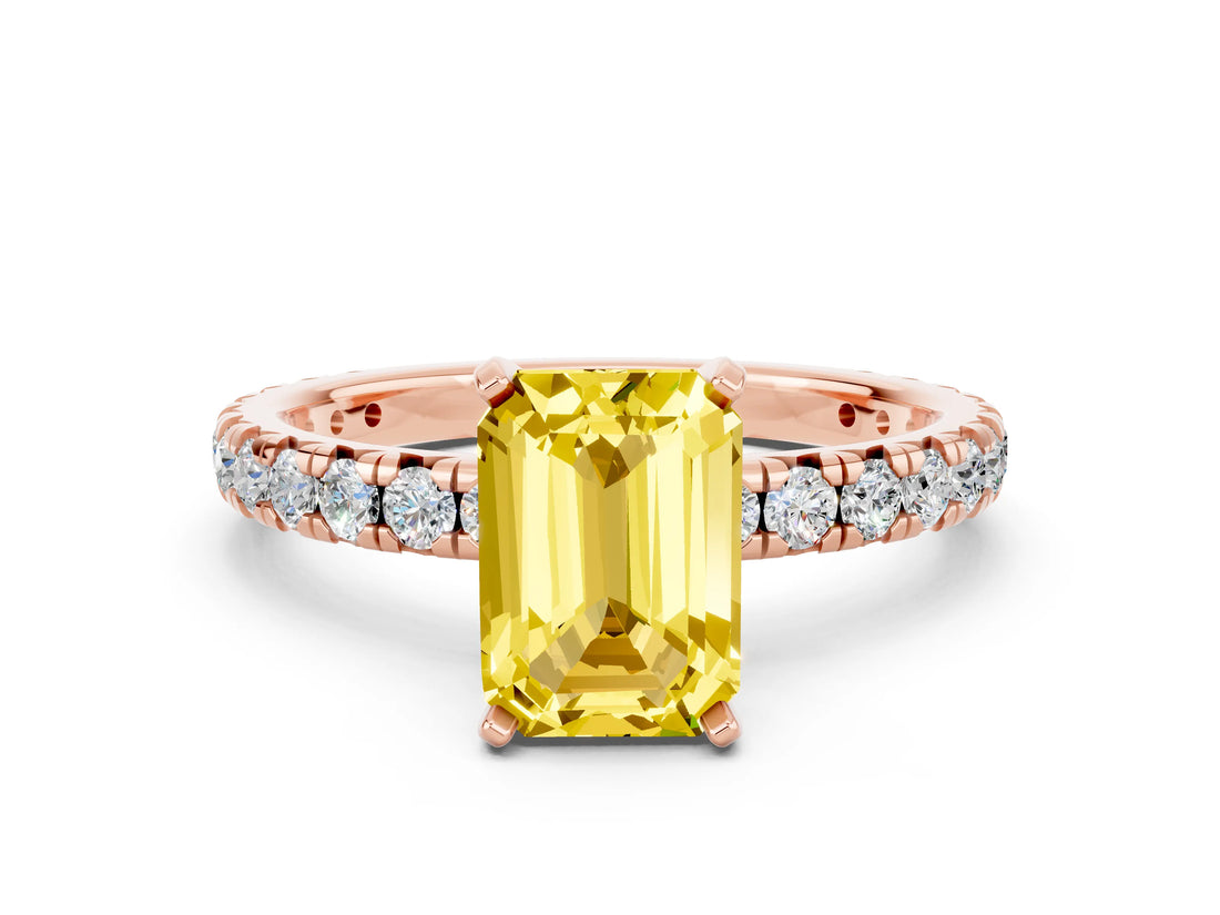 Rose gold Emerald Cut Yellow Sapphire Pavé Solitaire Ring with Round Band and Prong Setting_12