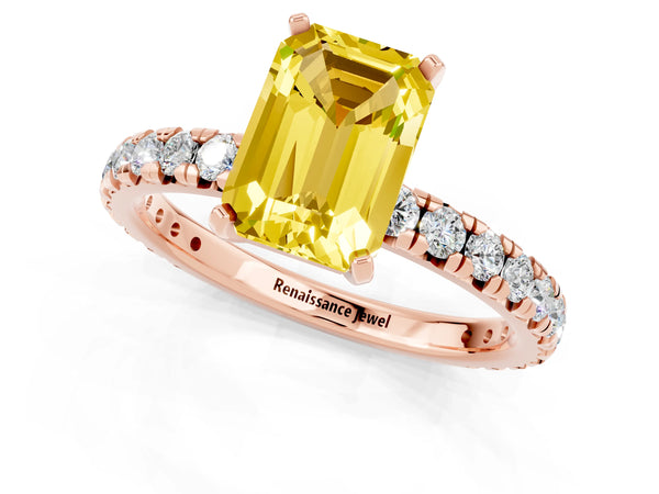 Rose gold Emerald Cut Yellow Sapphire Pavé Solitaire Ring with Round Band and Prong Setting
