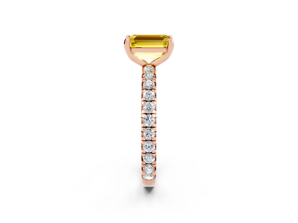 Rose gold Emerald Cut Yellow Sapphire Pavé Solitaire Ring with Round Band and Prong Setting
