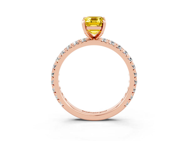 Rose gold Emerald Cut Yellow Sapphire Pavé Solitaire Ring with Round Band and Prong Setting