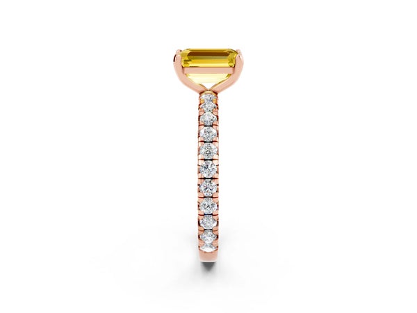 Rose Gold Emerald Cut Lab-Grown Yellow Sapphire Solitaire Engagement Ring with Shared Prong Pave Band