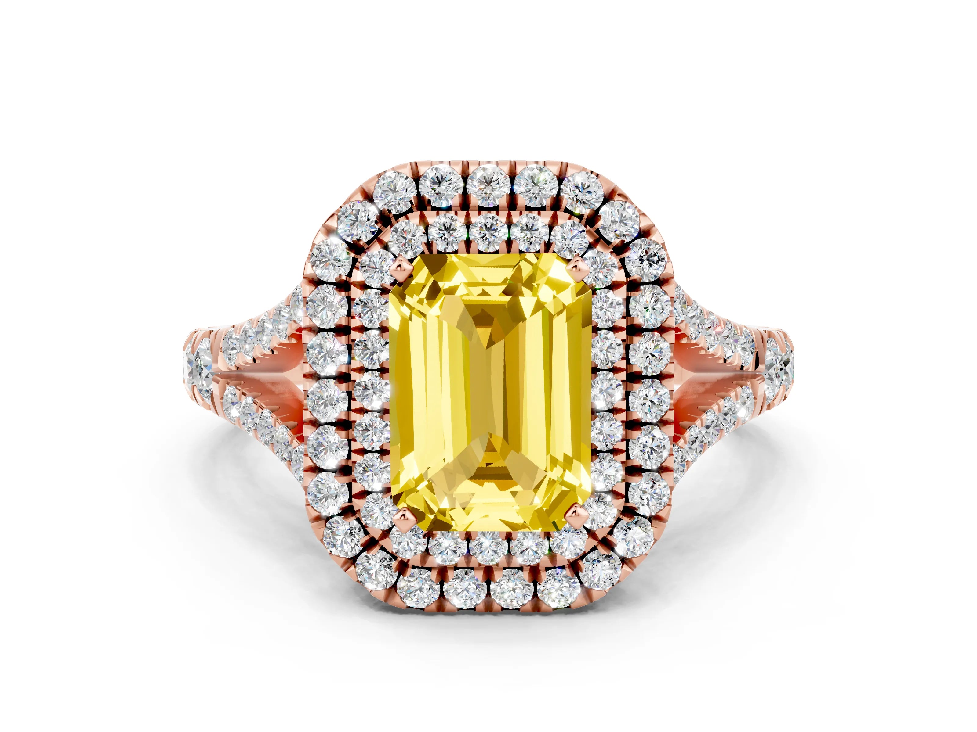 Rose gold Emerald Cut Yellow Sapphire Pavé Split Shank Double Halo Engagement Ring