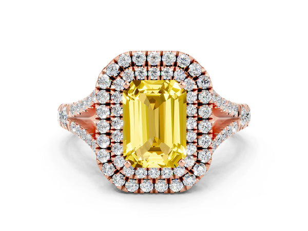 Rose gold Emerald Cut Yellow Sapphire Pavé Split Shank Double Halo Engagement Ring