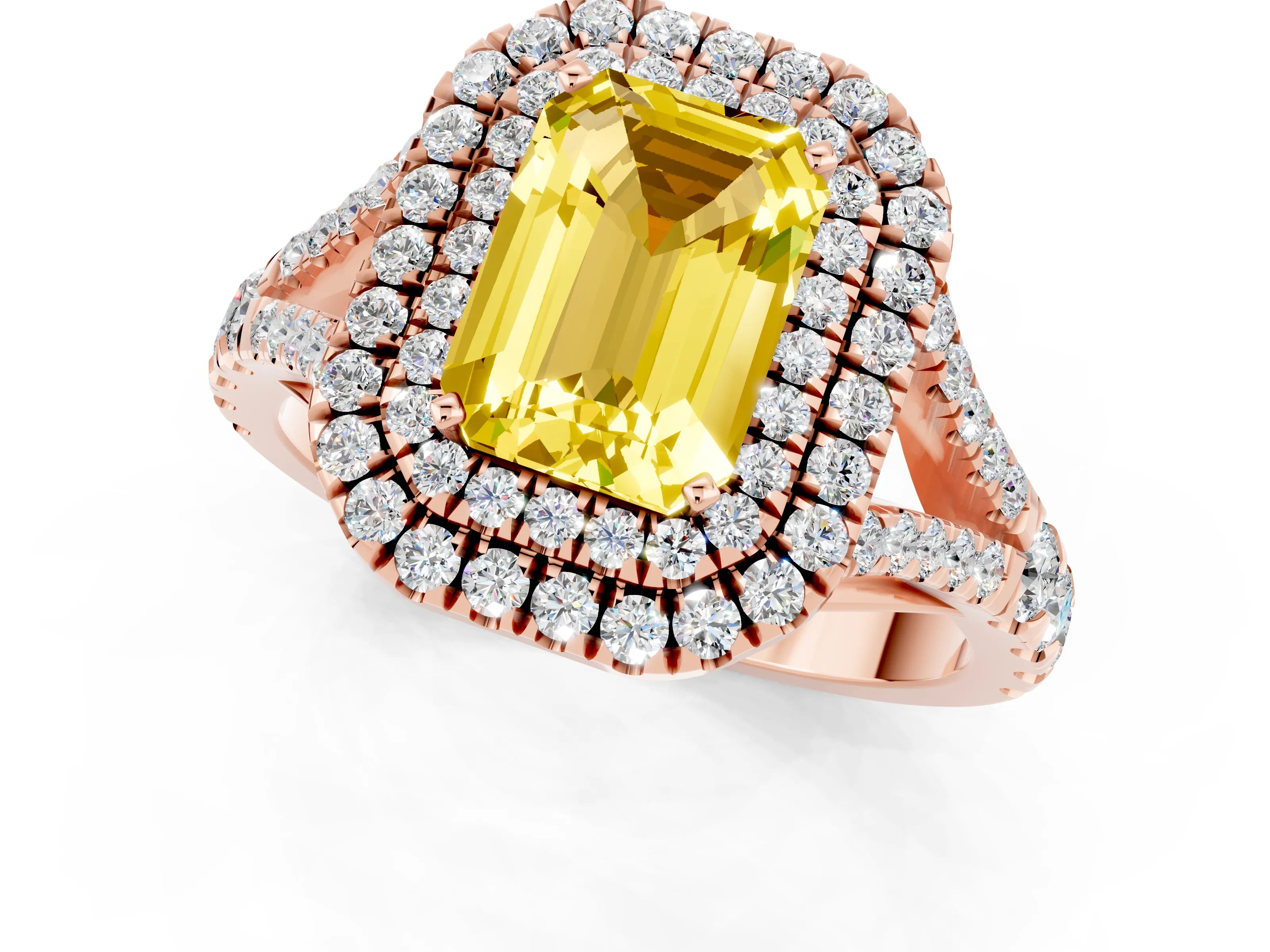 Rose gold Emerald Cut Yellow Sapphire Pavé Split Shank Double Halo Engagement Ring_1