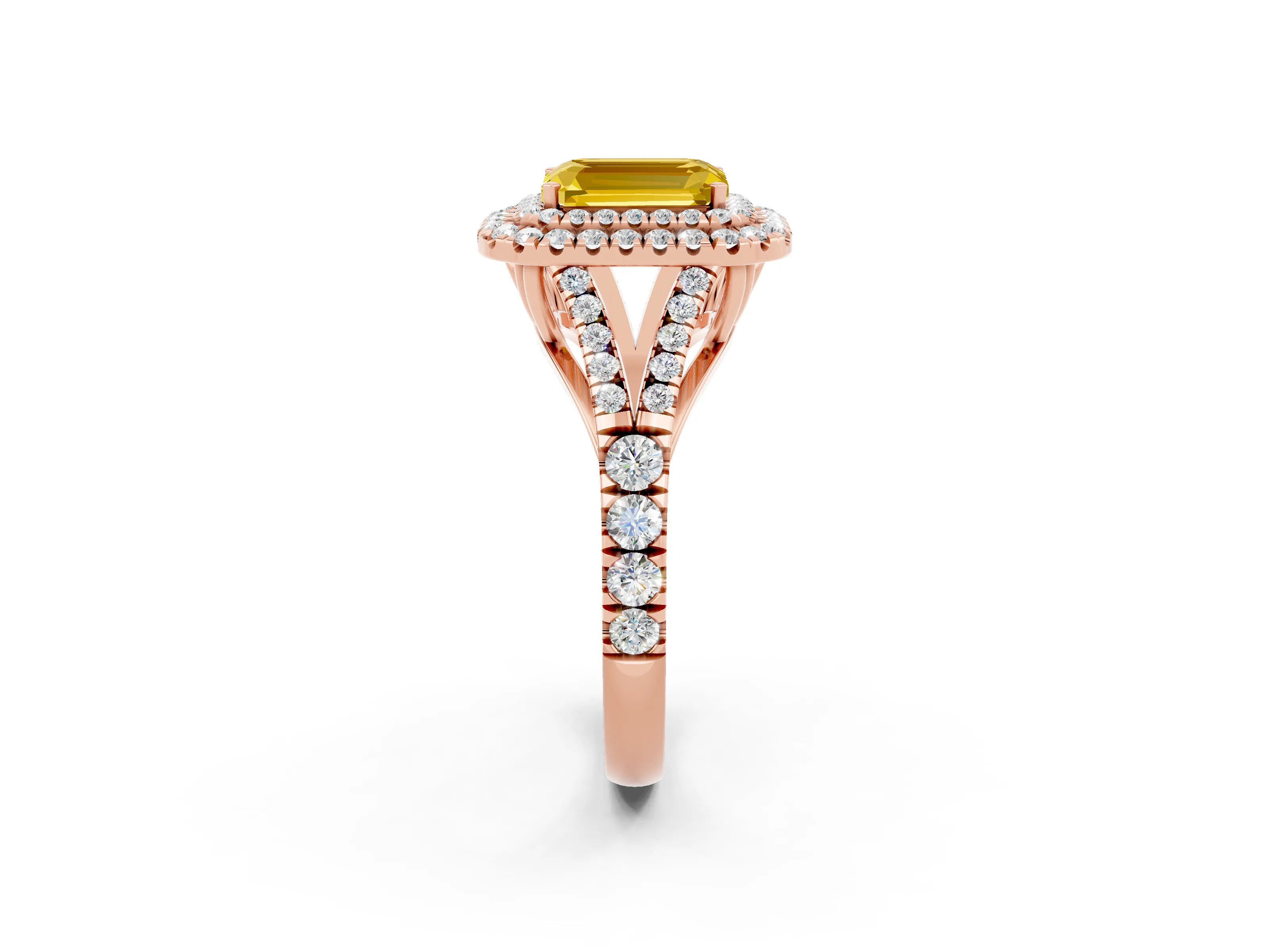 Rose gold Emerald Cut Yellow Sapphire Pavé Split Shank Double Halo Engagement Ring_2