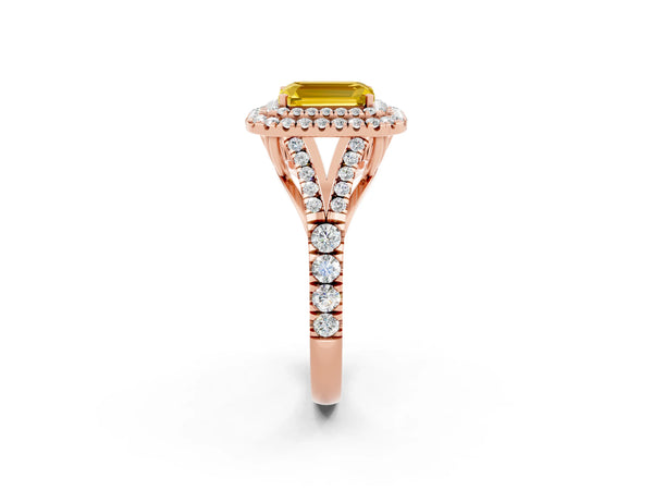 Rose gold Emerald Cut Yellow Sapphire Pavé Split Shank Double Halo Engagement Ring