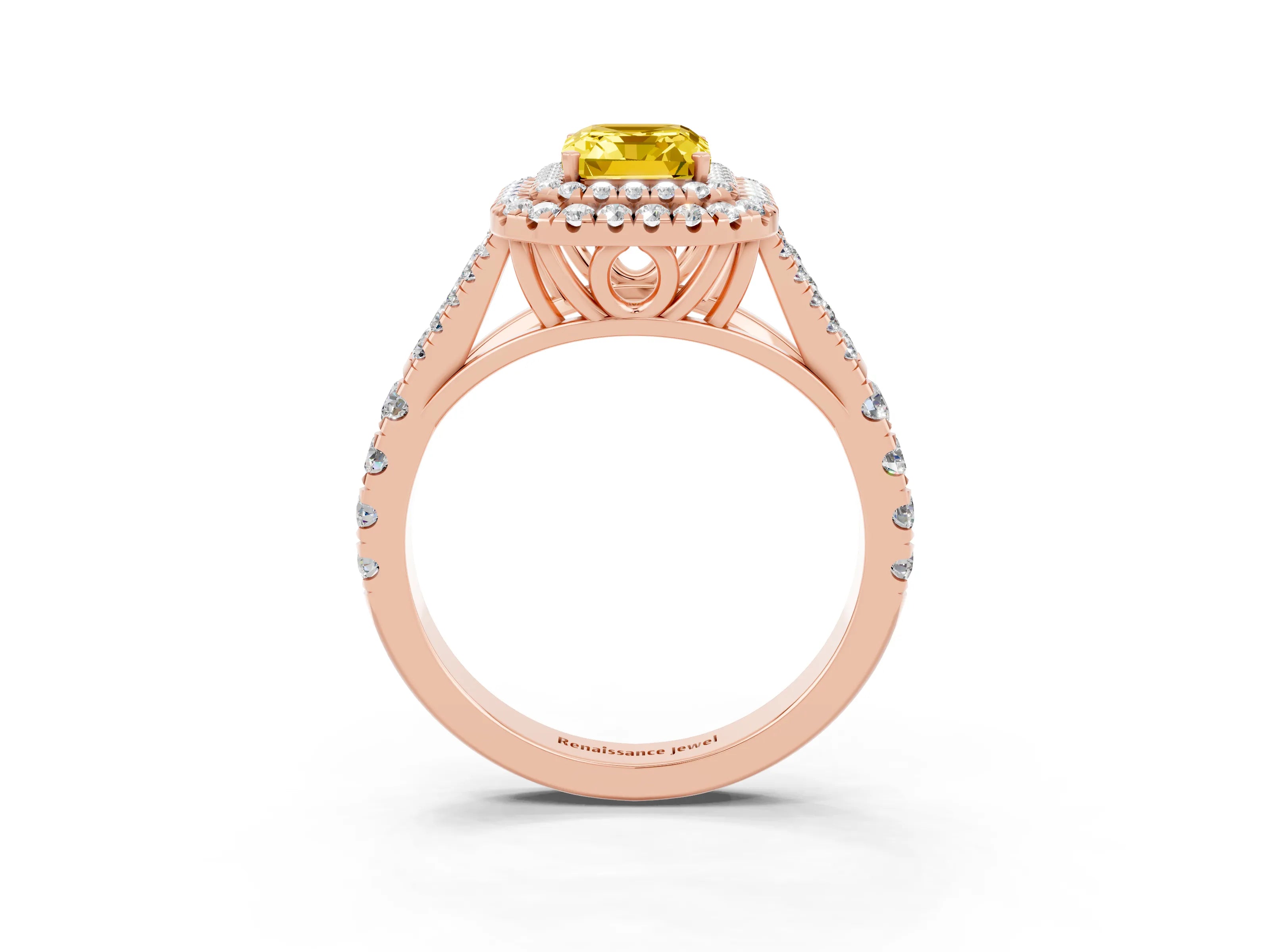 Rose gold Emerald Cut Yellow Sapphire Pavé Split Shank Double Halo Engagement Ring_3