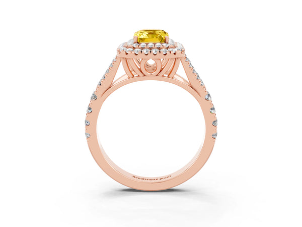 Rose gold Emerald Cut Yellow Sapphire Pavé Split Shank Double Halo Engagement Ring