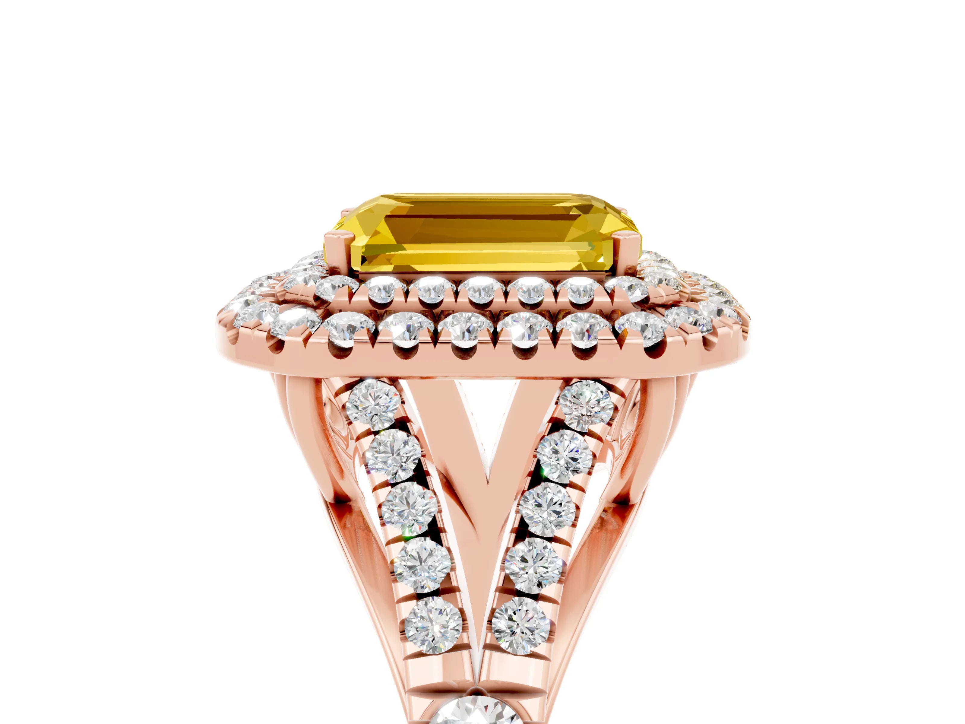 Rose gold Emerald Cut Yellow Sapphire Pavé Split Shank Double Halo Engagement Ring_5