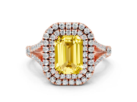 Rose gold Emerald Cut Yellow Sapphire Pavé Split Shank Double Halo Engagement Ring