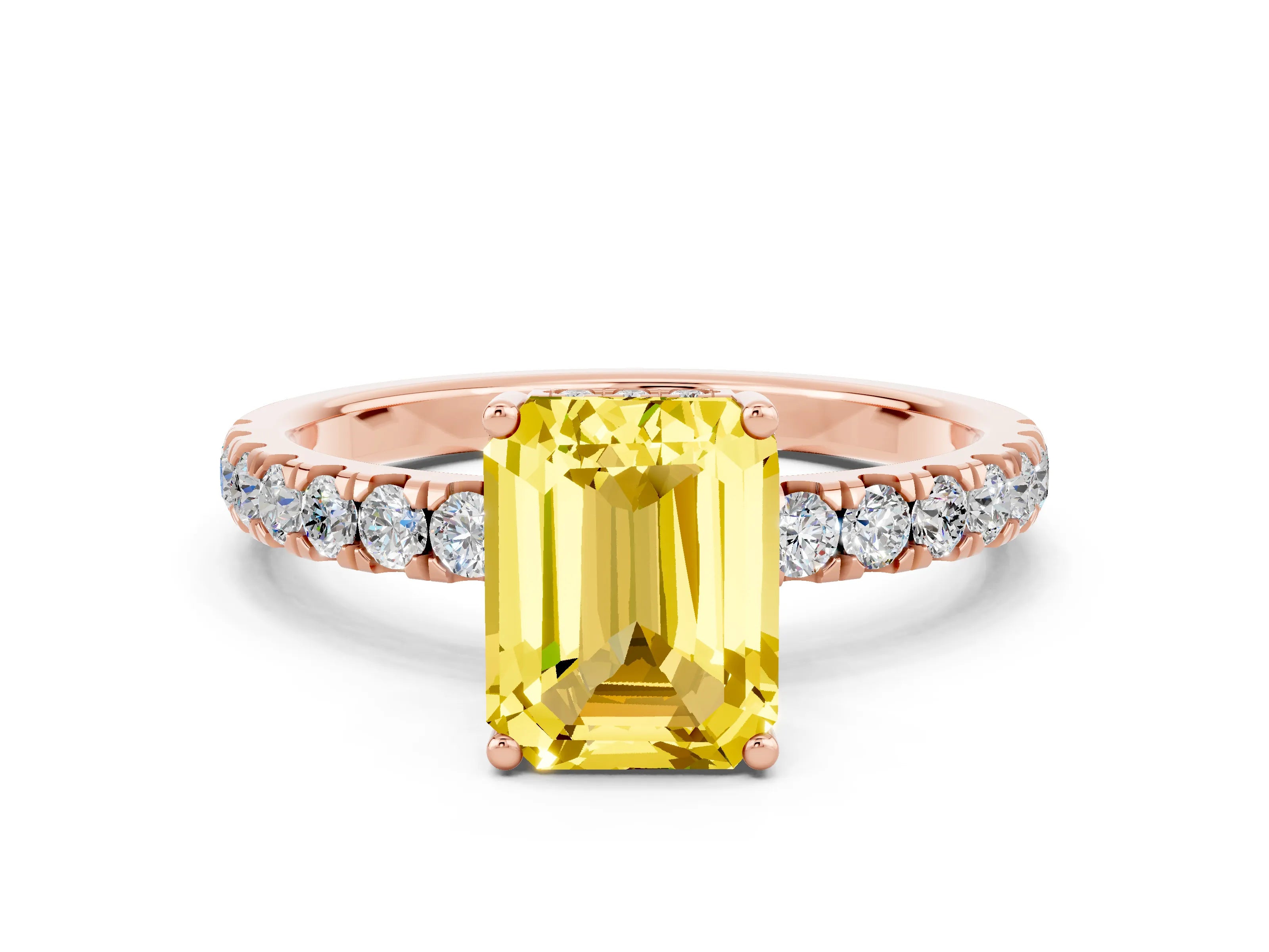 Rose gold Emerald Cut Yellow Sapphire Pave Band Solitaire Ring with Four-Prong Setting_60