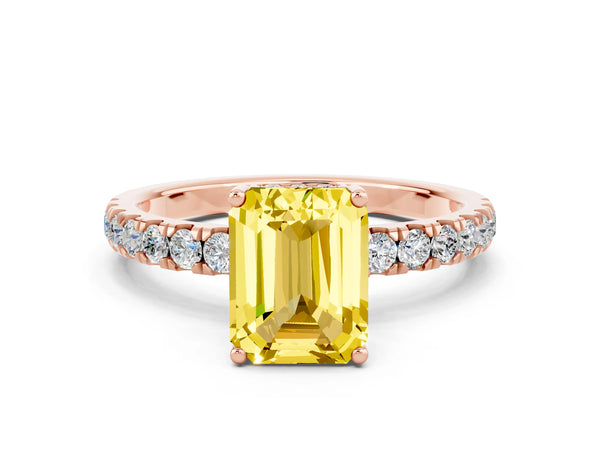 Rose gold Emerald Cut Yellow Sapphire Pave Band Solitaire Ring with Round  and Prong Setting