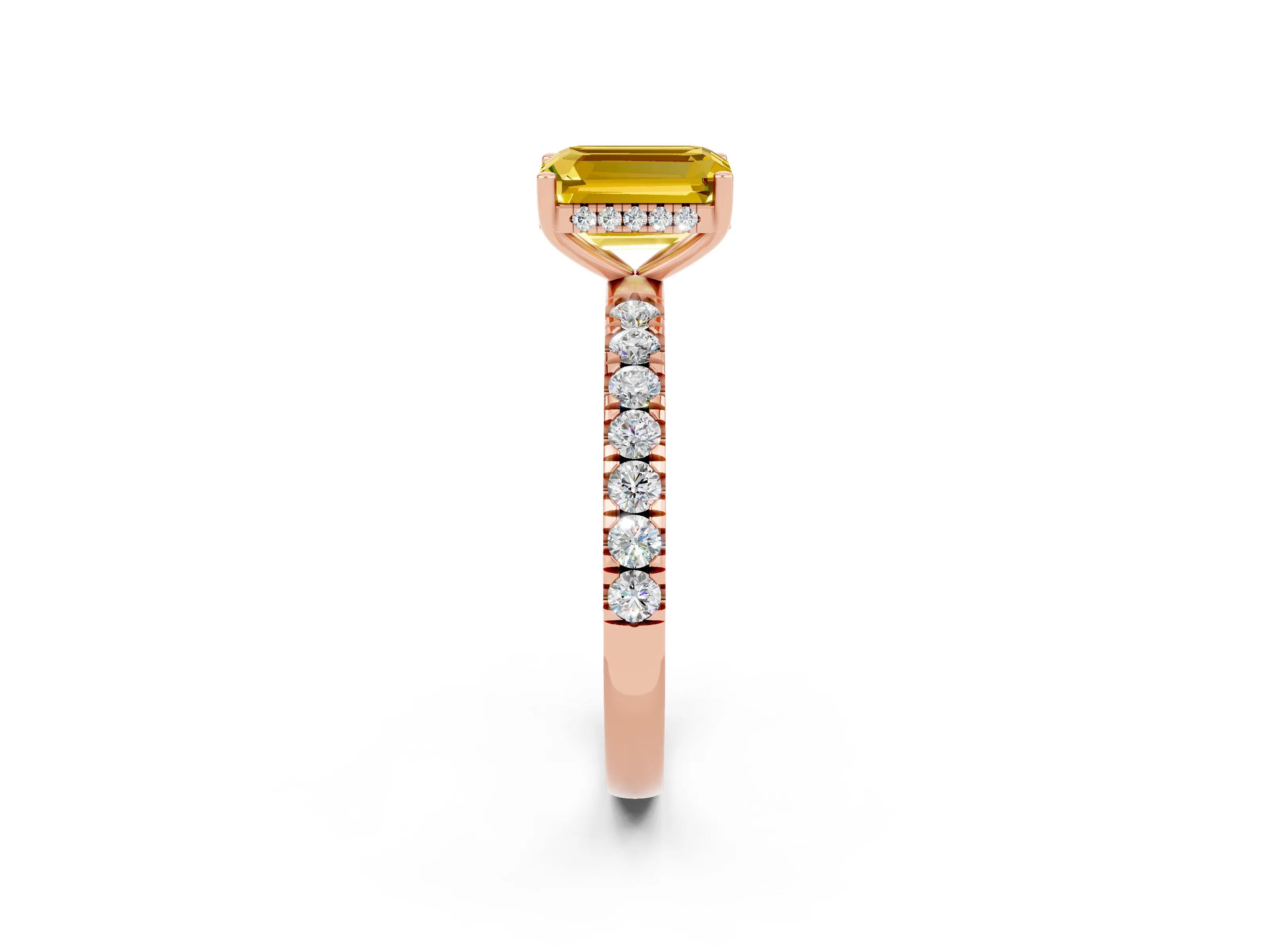 Rose gold Emerald Cut Yellow Sapphire Pave Band Solitaire Ring with Four-Prong Setting_62