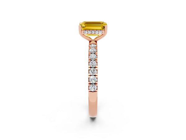 Rose gold Emerald Cut Yellow Sapphire Pave Band Solitaire Ring with Round  and Prong Setting