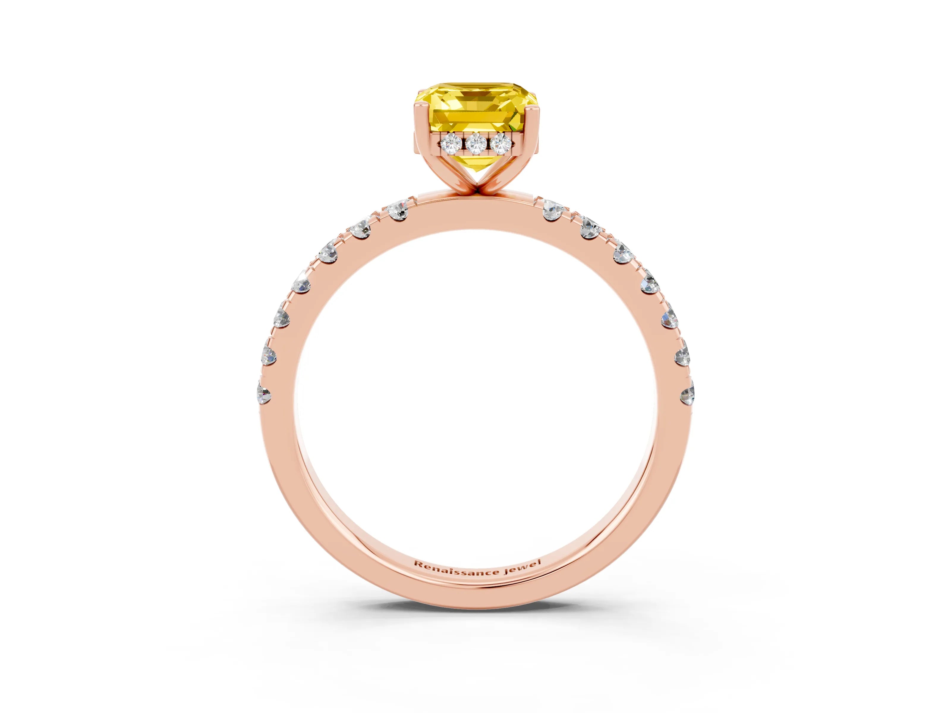 Rose gold Emerald Cut Yellow Sapphire Pave Band Solitaire Ring with Four-Prong Setting_63