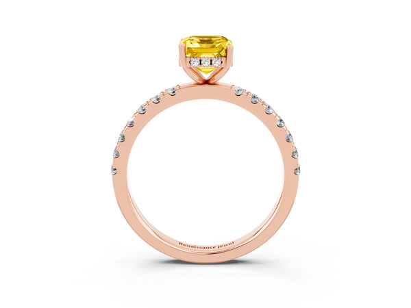 Rose gold Emerald Cut Yellow Sapphire Pave Band Solitaire Ring with Round  and Prong Setting