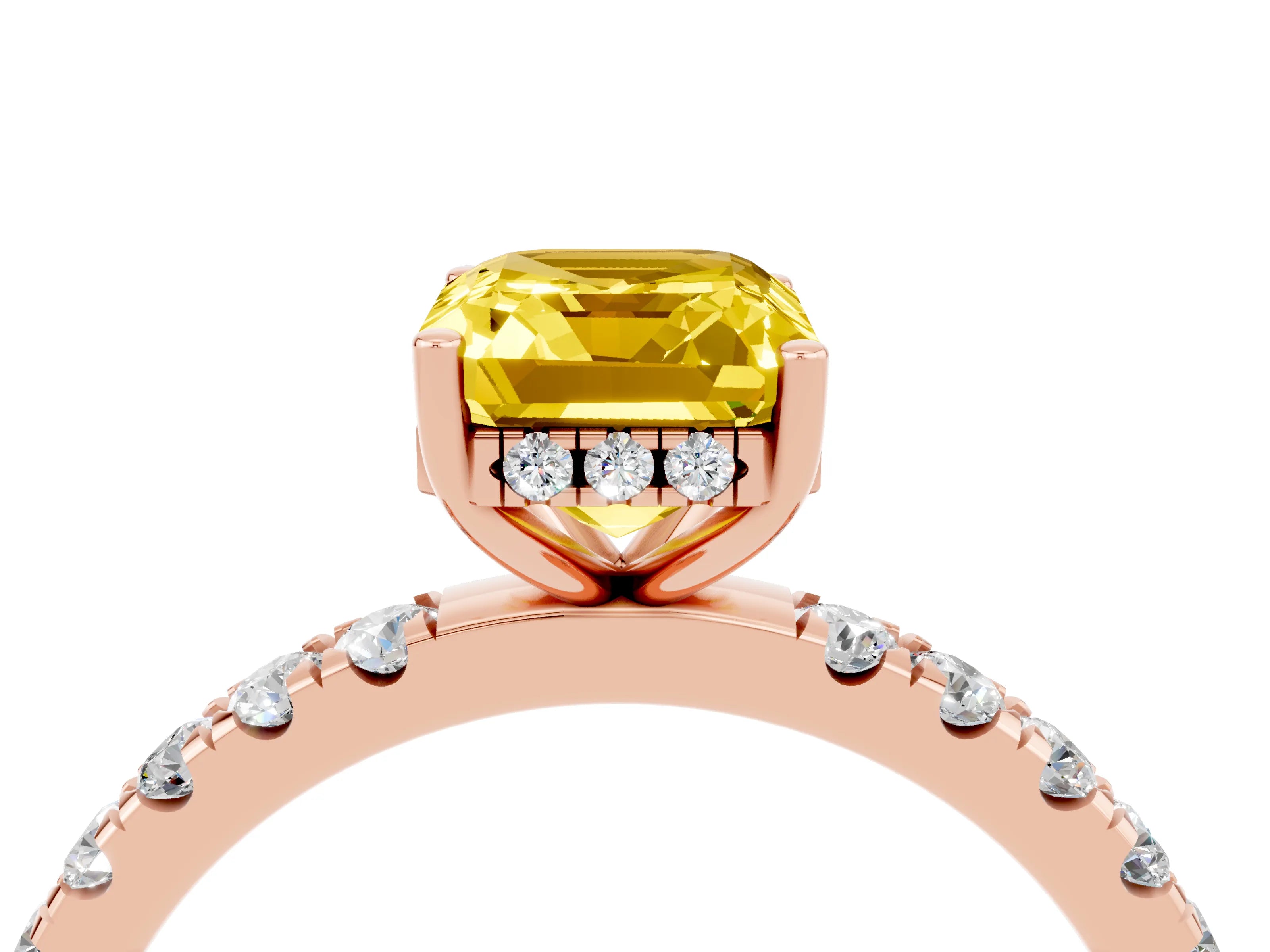 Rose gold Emerald Cut Yellow Sapphire Pave Band Solitaire Ring with Four-Prong Setting_64