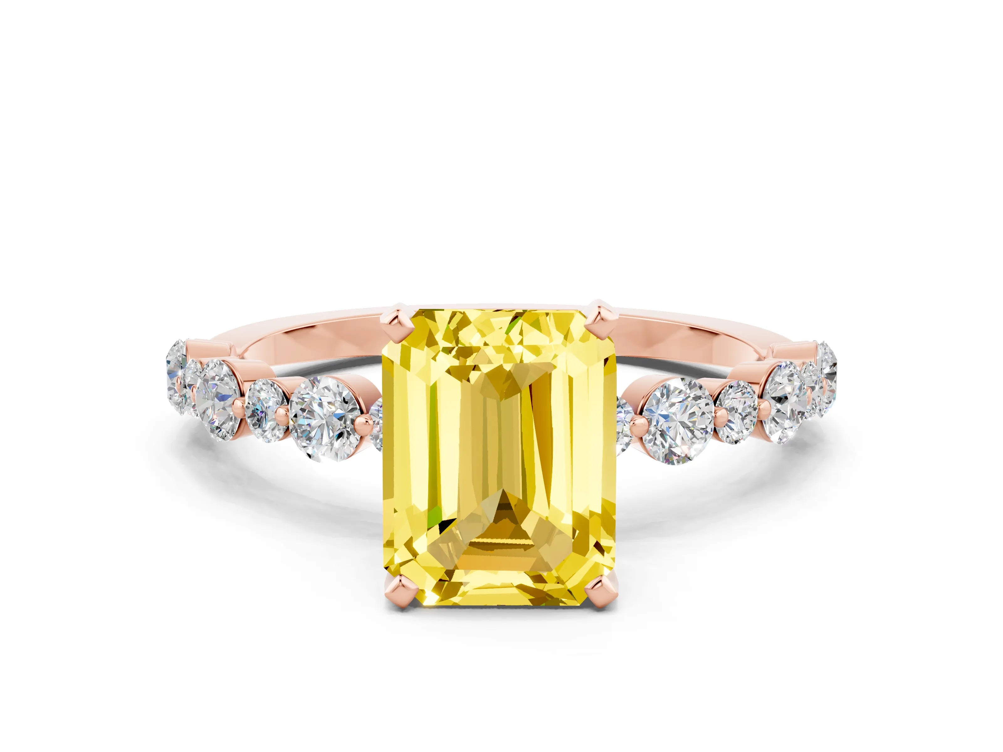 Rose gold Emerald Cut Yellow Sapphire Prong Set Engagement Ring with Pavé Band_12