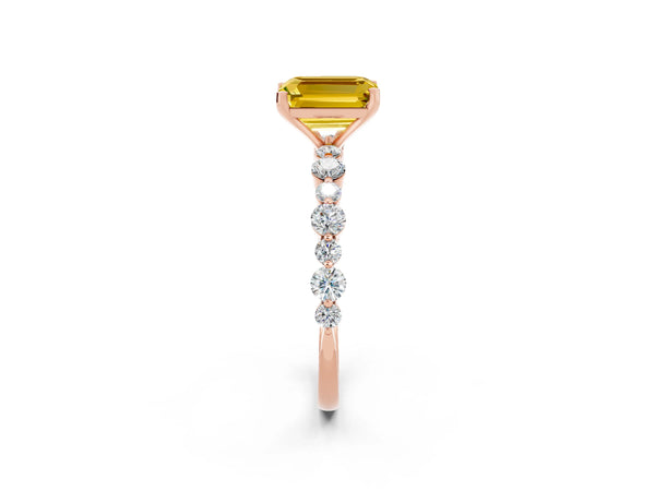 Rose gold Emerald Cut Yellow Sapphire Prong Set Engagement Ring with Pavé Band