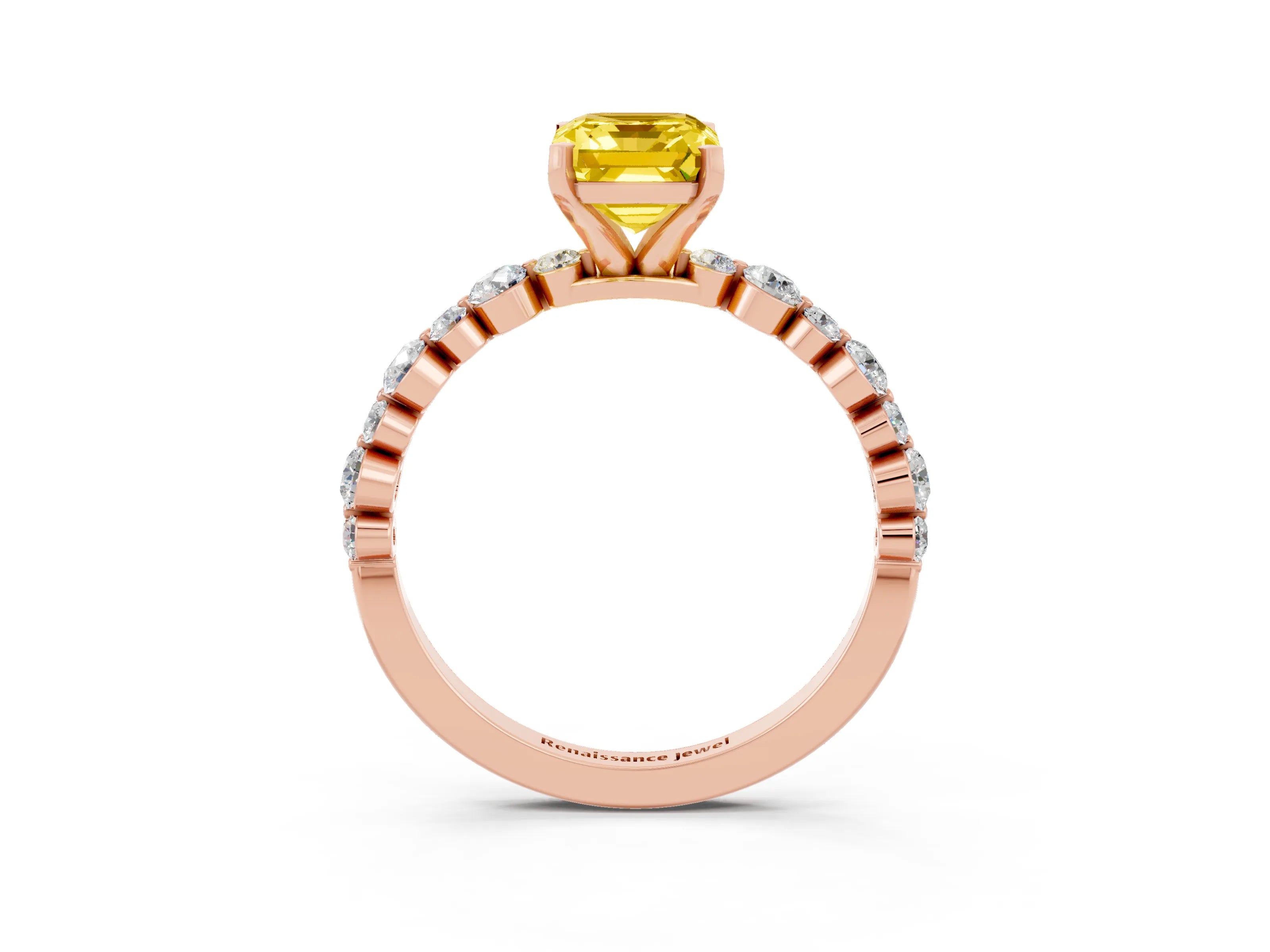 Rose gold Emerald Cut Yellow Sapphire Prong Set Engagement Ring with Pavé Band_15