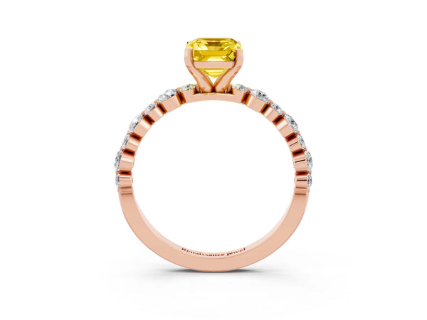 Rose gold Emerald Cut Yellow Sapphire Prong Set Engagement Ring with Pavé Band