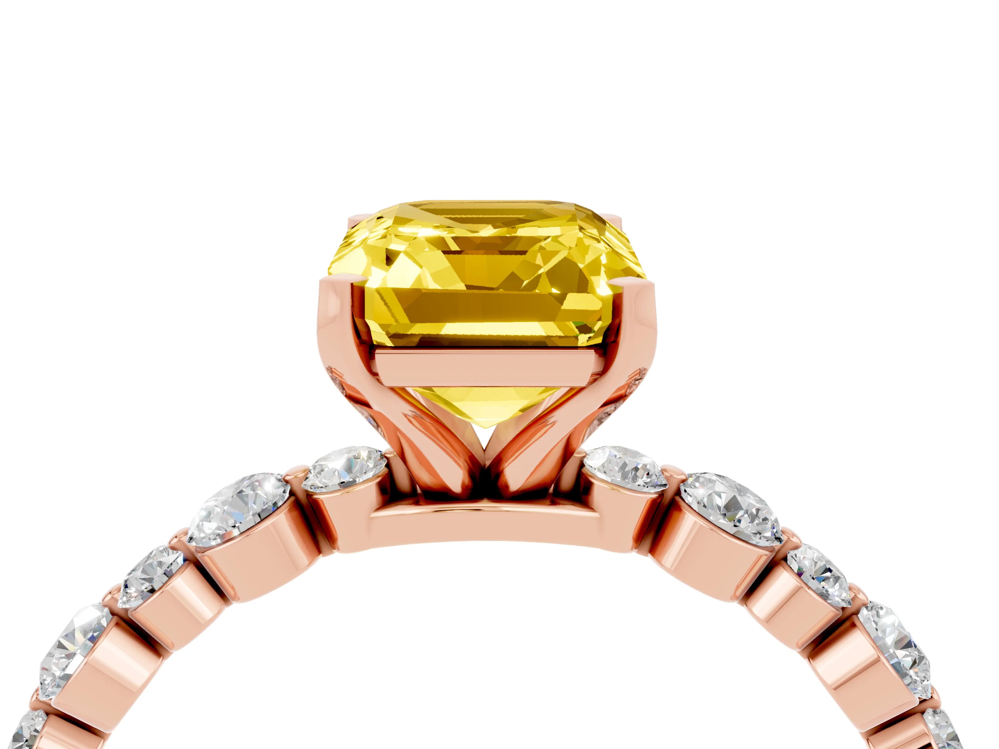 Rose gold Emerald Cut Yellow Sapphire Prong Set Engagement Ring with Pavé Band_16