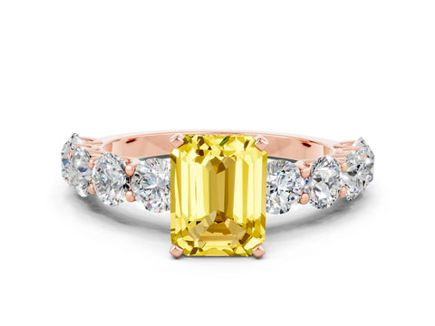 Rose gold Emerald Cut Yellow Sapphire Prong Setting with Side Stones on a Pave Band_24