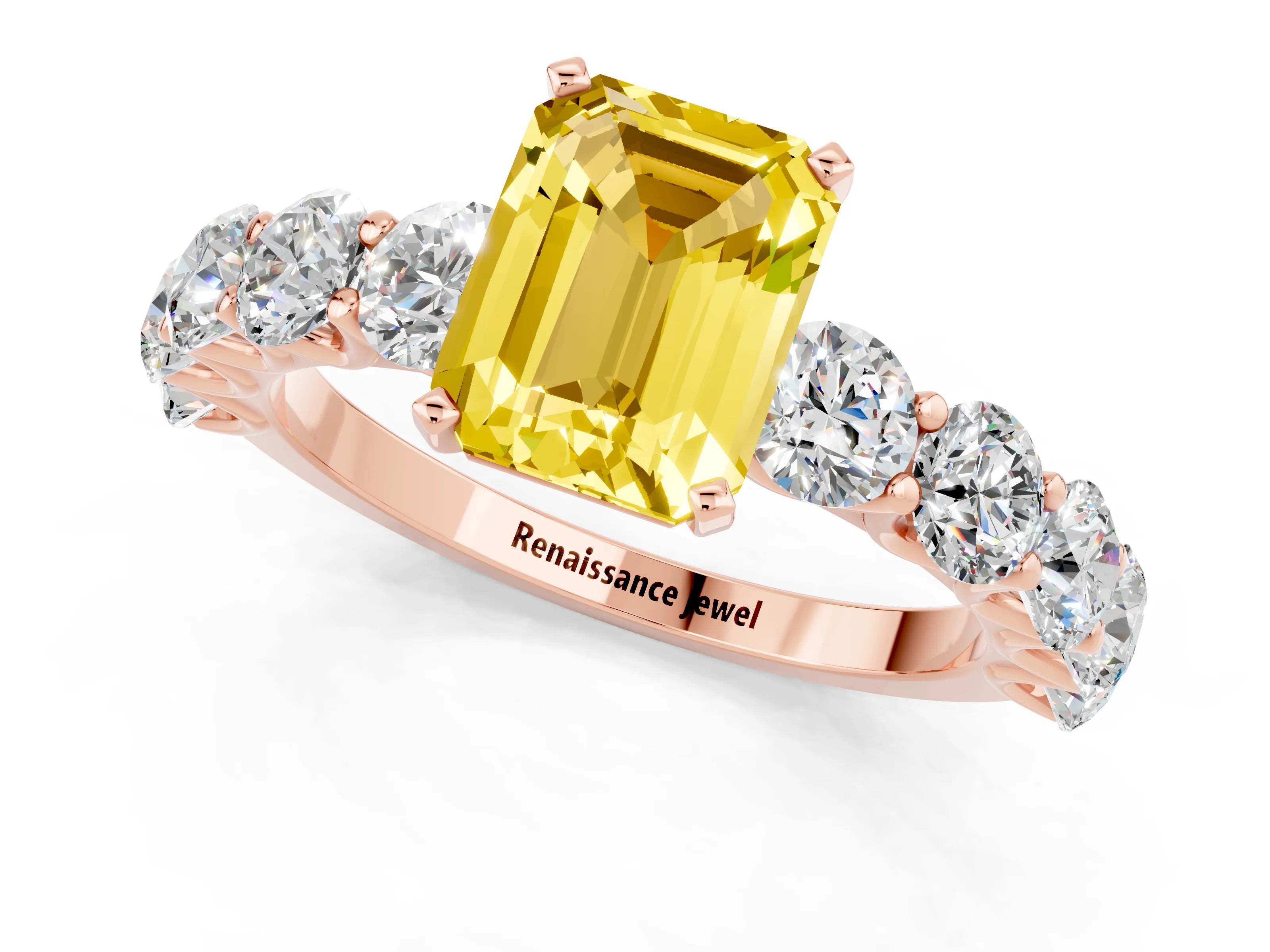 Rose gold Emerald Cut Yellow Sapphire Prong Setting with Side Stones on a Pave Band_25