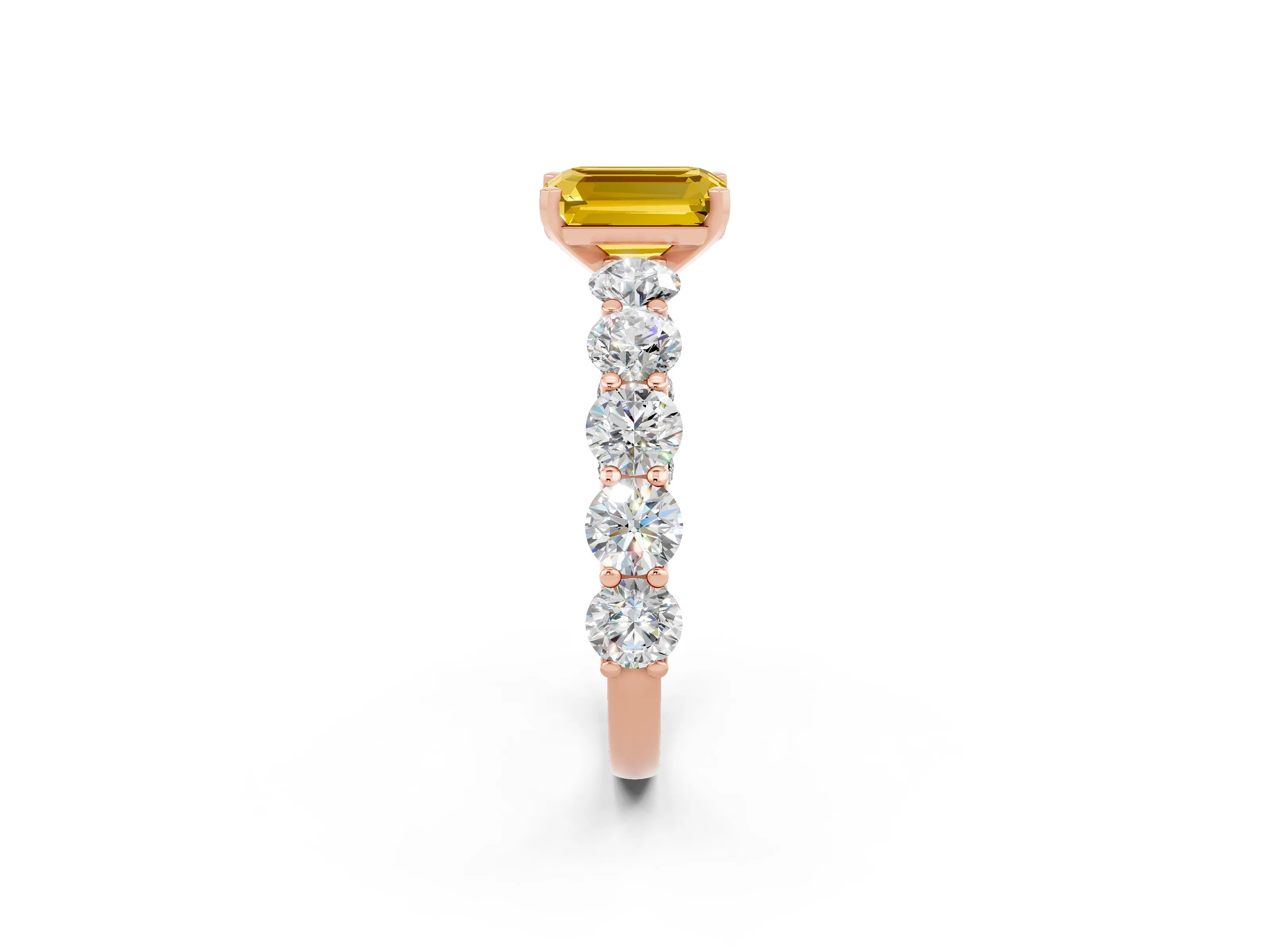 Rose gold Emerald Cut Yellow Sapphire Prong Setting with Side Stones on a Pave Band_26
