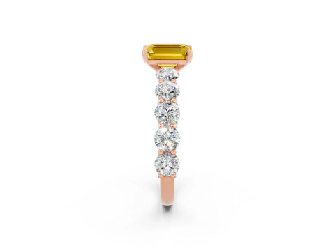 Rose gold Emerald Cut Yellow Sapphire Prong Setting with Side Stones on a Pave Band_26