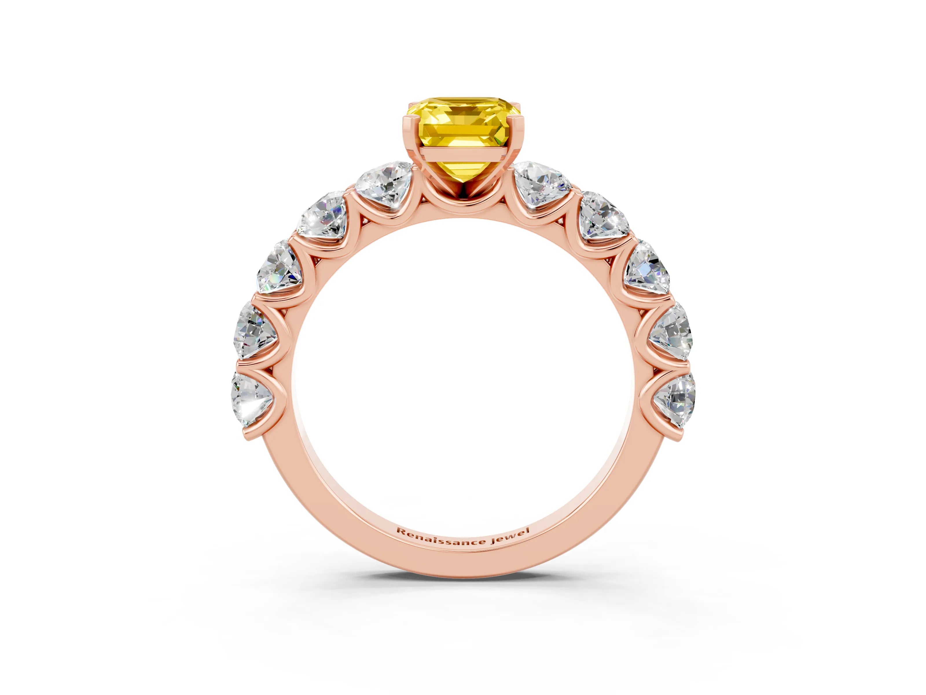 Rose gold Emerald Cut Yellow Sapphire Prong Setting with Side Stones on a Pave Band_27