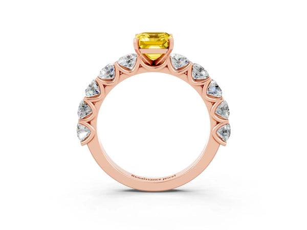 Rose gold Emerald Cut Yellow Sapphire Prong Setting with Side Stones on a Pave Band