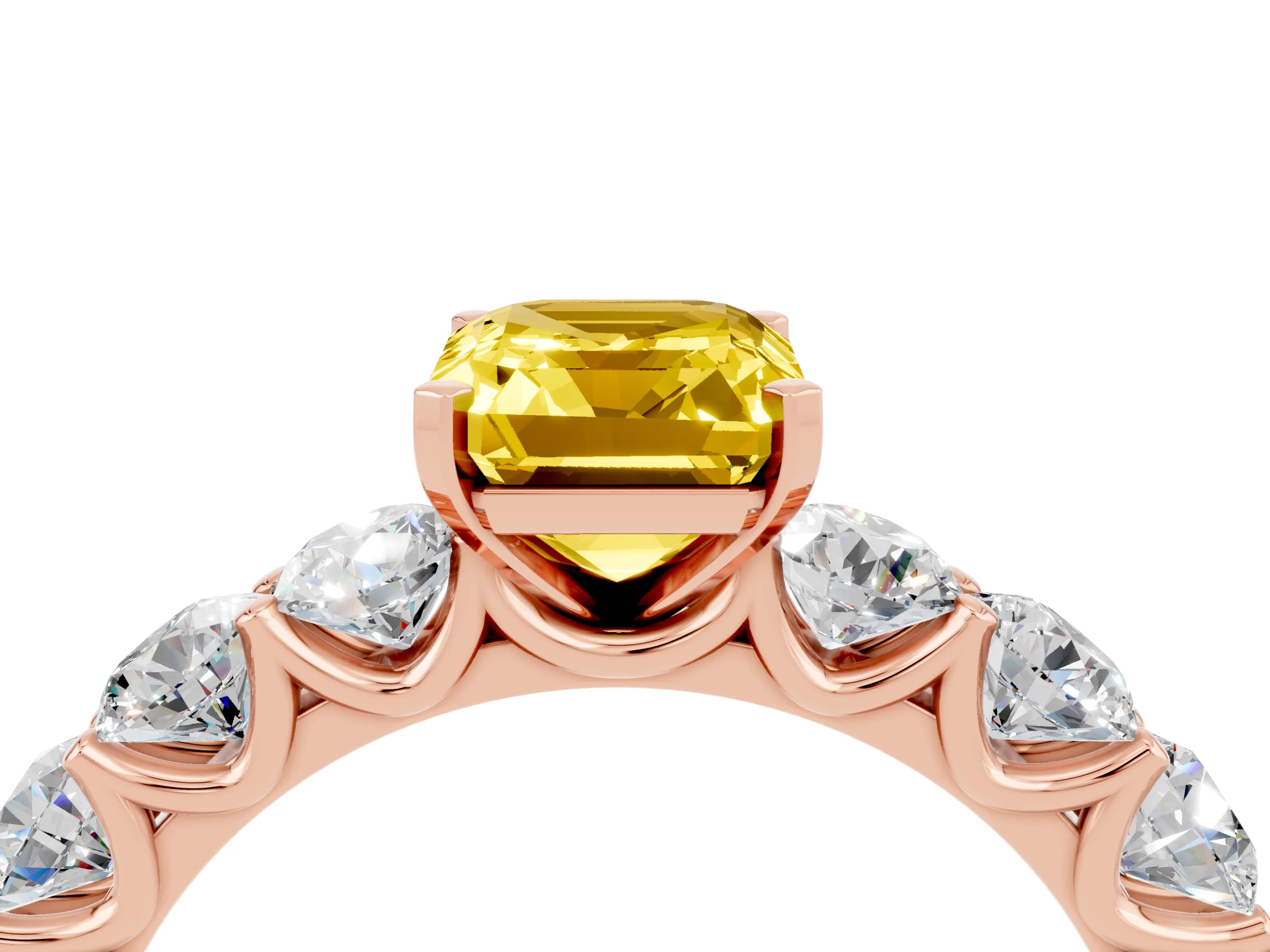 Rose gold Emerald Cut Yellow Sapphire Prong Setting with Side Stones on a Pave Band_28