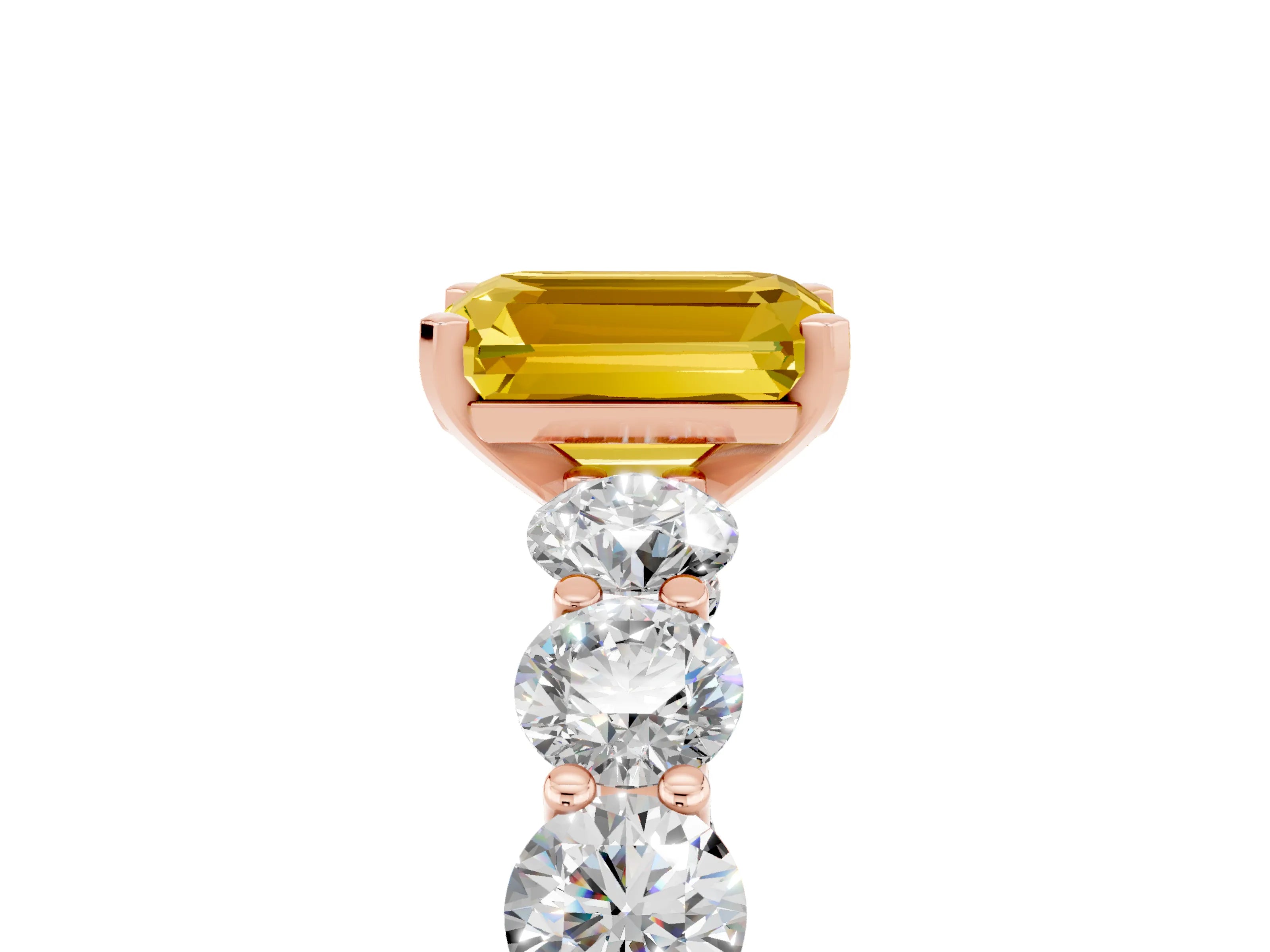 Rose gold Emerald Cut Yellow Sapphire Prong Setting with Side Stones on a Pave Band_29