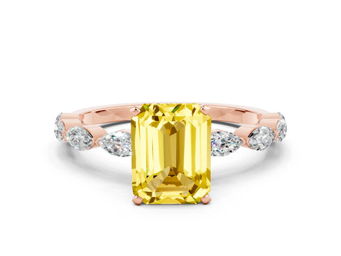 Rose gold Emerald Cut Yellow Sapphire Ring with Marquise Side Stones and Prong Setting_12