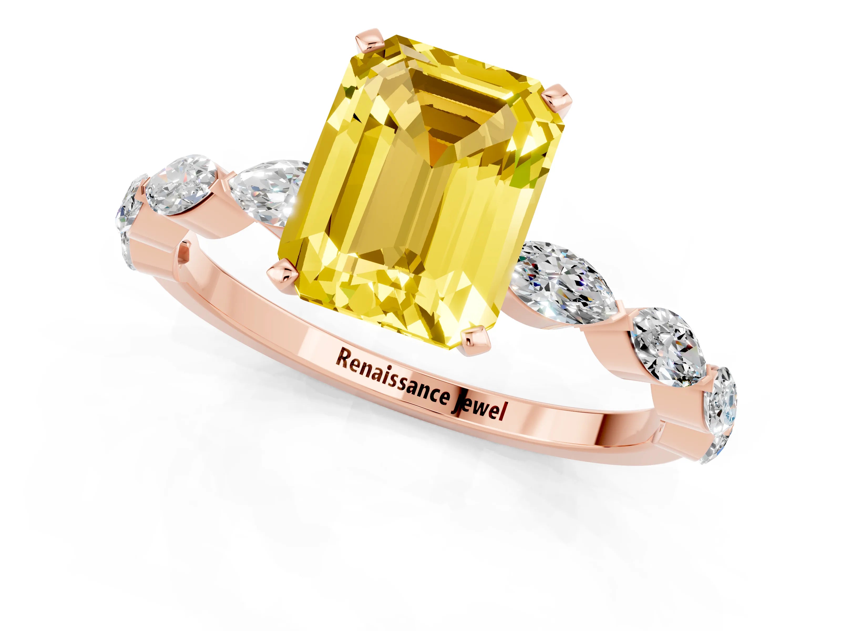 Rose gold Emerald Cut Yellow Sapphire Ring with Marquise Side Stones and Prong Setting_13