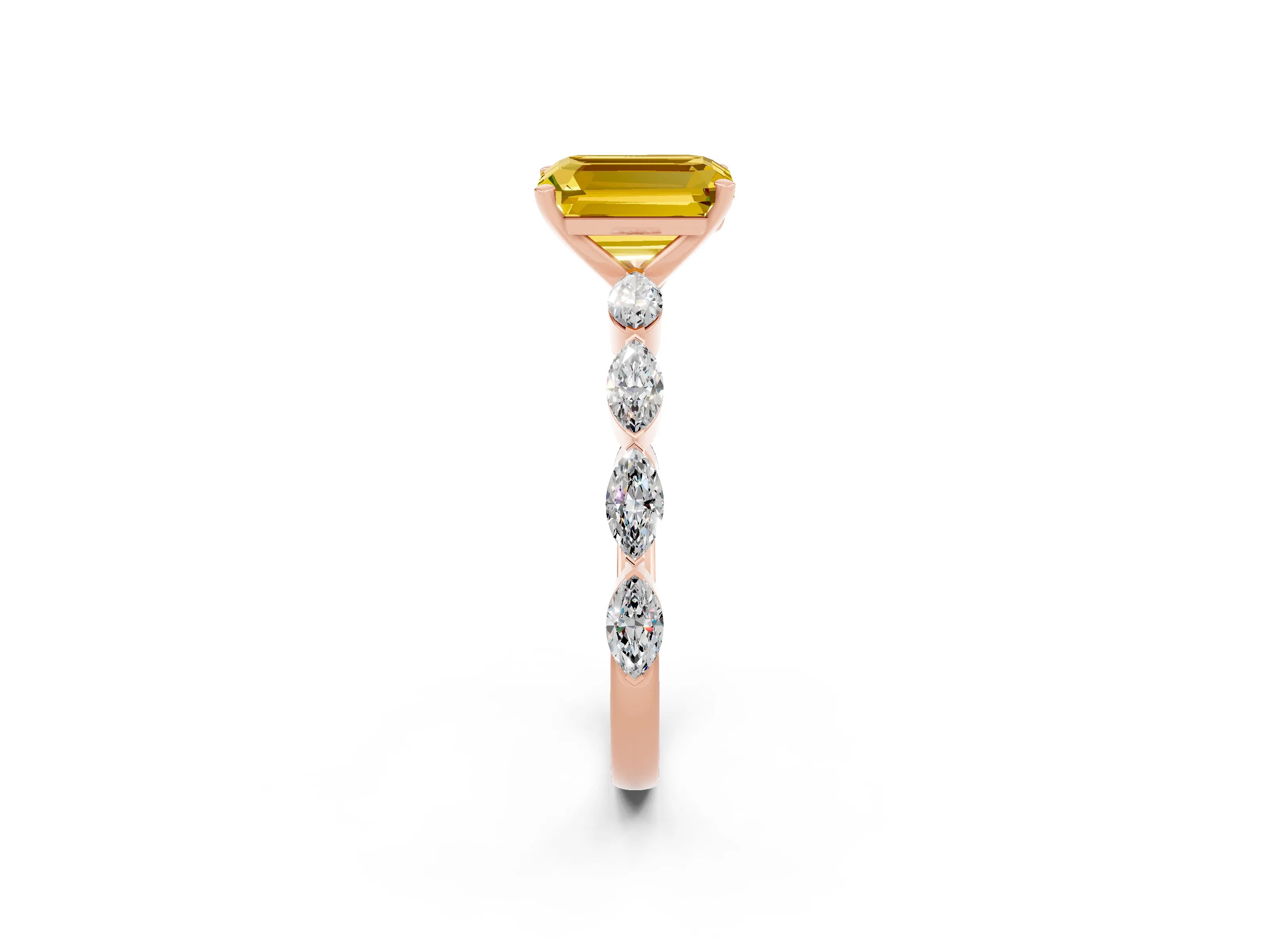 Rose gold Emerald Cut Yellow Sapphire Ring with Marquise Side Stones and Prong Setting_14