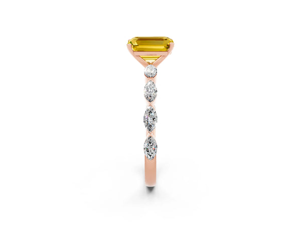 Rose gold Emerald Cut Yellow Sapphire Ring with Marquise Side Stones and Prong Setting