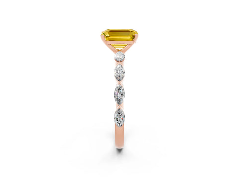 Rose gold Emerald Cut Yellow Sapphire Ring with Marquise Side Stones and Prong Setting_14
