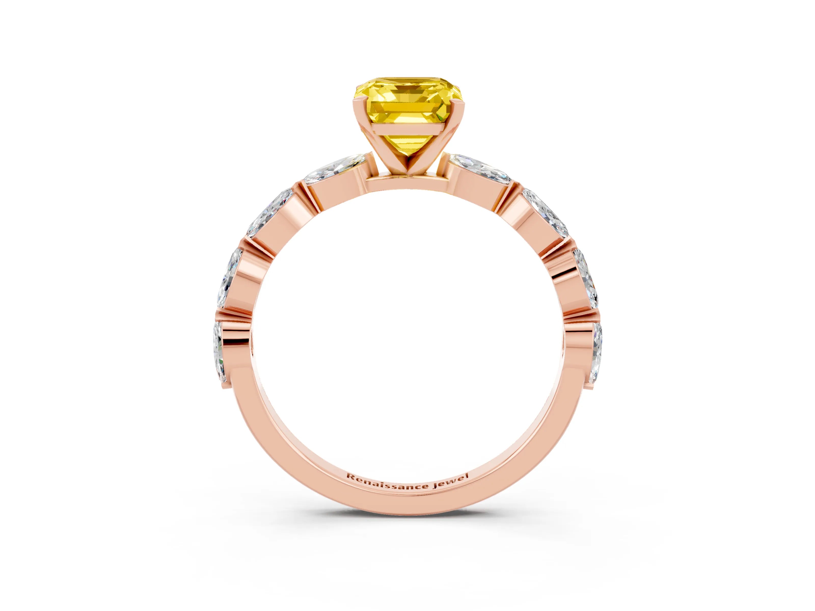 Rose gold Emerald Cut Yellow Sapphire Ring with Marquise Side Stones and Prong Setting_15