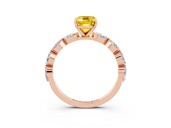 Rose gold Emerald Cut Yellow Sapphire Ring with Marquise Side Stones and Prong Setting