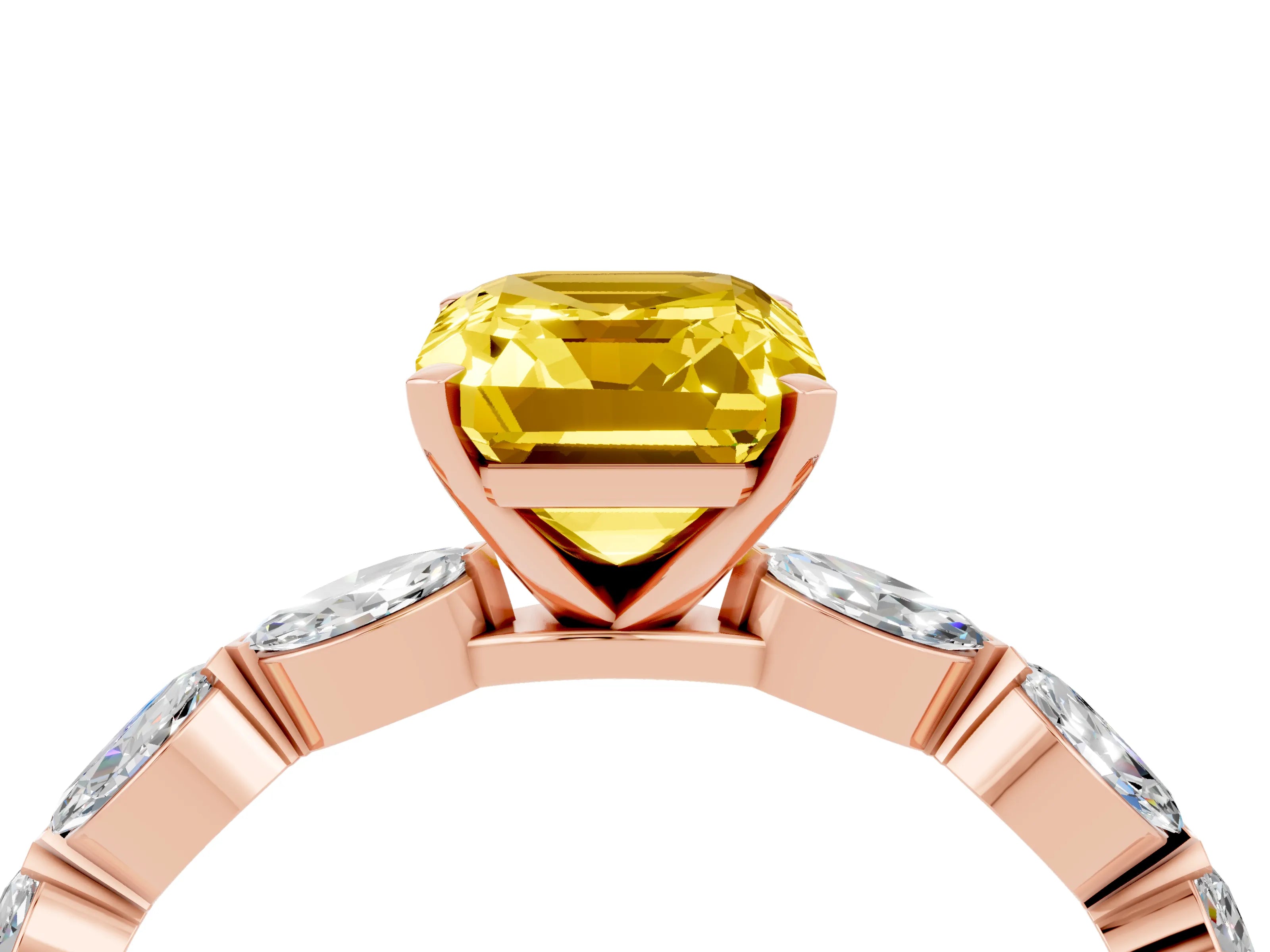 Rose gold Emerald Cut Yellow Sapphire Ring with Marquise Side Stones and Prong Setting_16