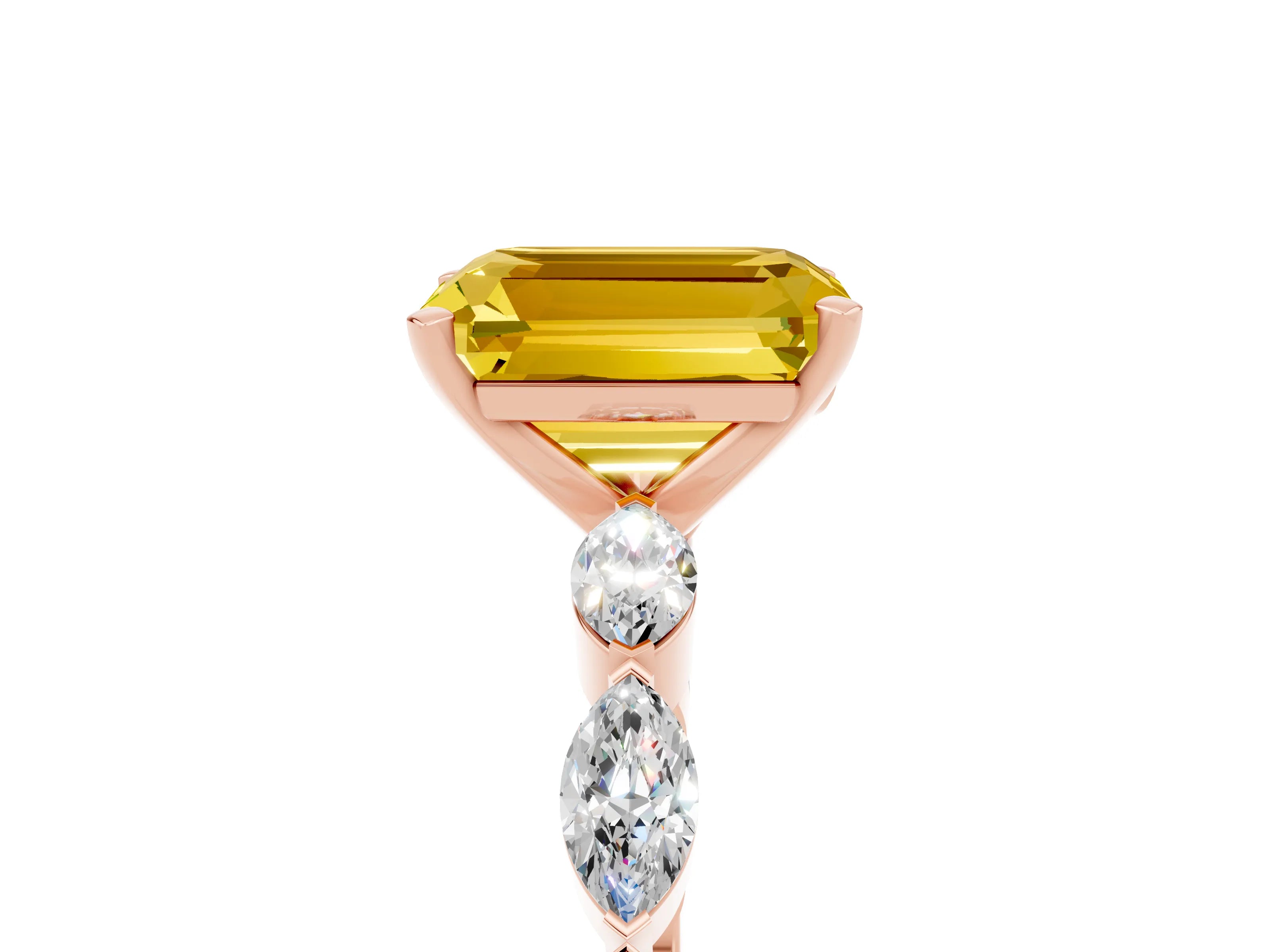 Rose gold Emerald Cut Yellow Sapphire Ring with Marquise Side Stones and Prong Setting_17