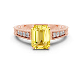 Rose gold Emerald Cut Yellow Sapphire Ring with Milgrain Pavé Band and Four-Prong Setting_36