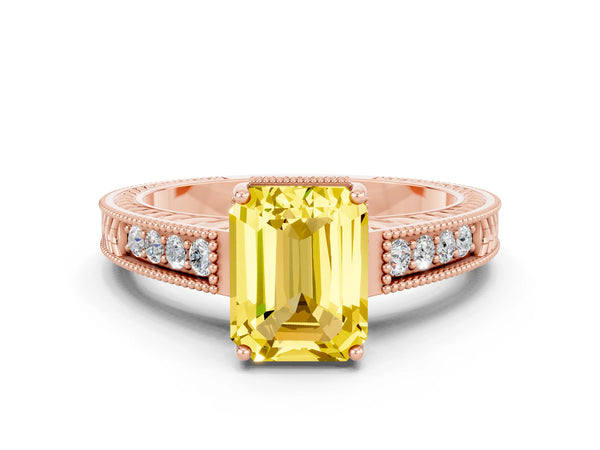 Rose gold Emerald Cut Yellow Sapphire Ring with Milgrain Pavé Band and Four-Prong Setting