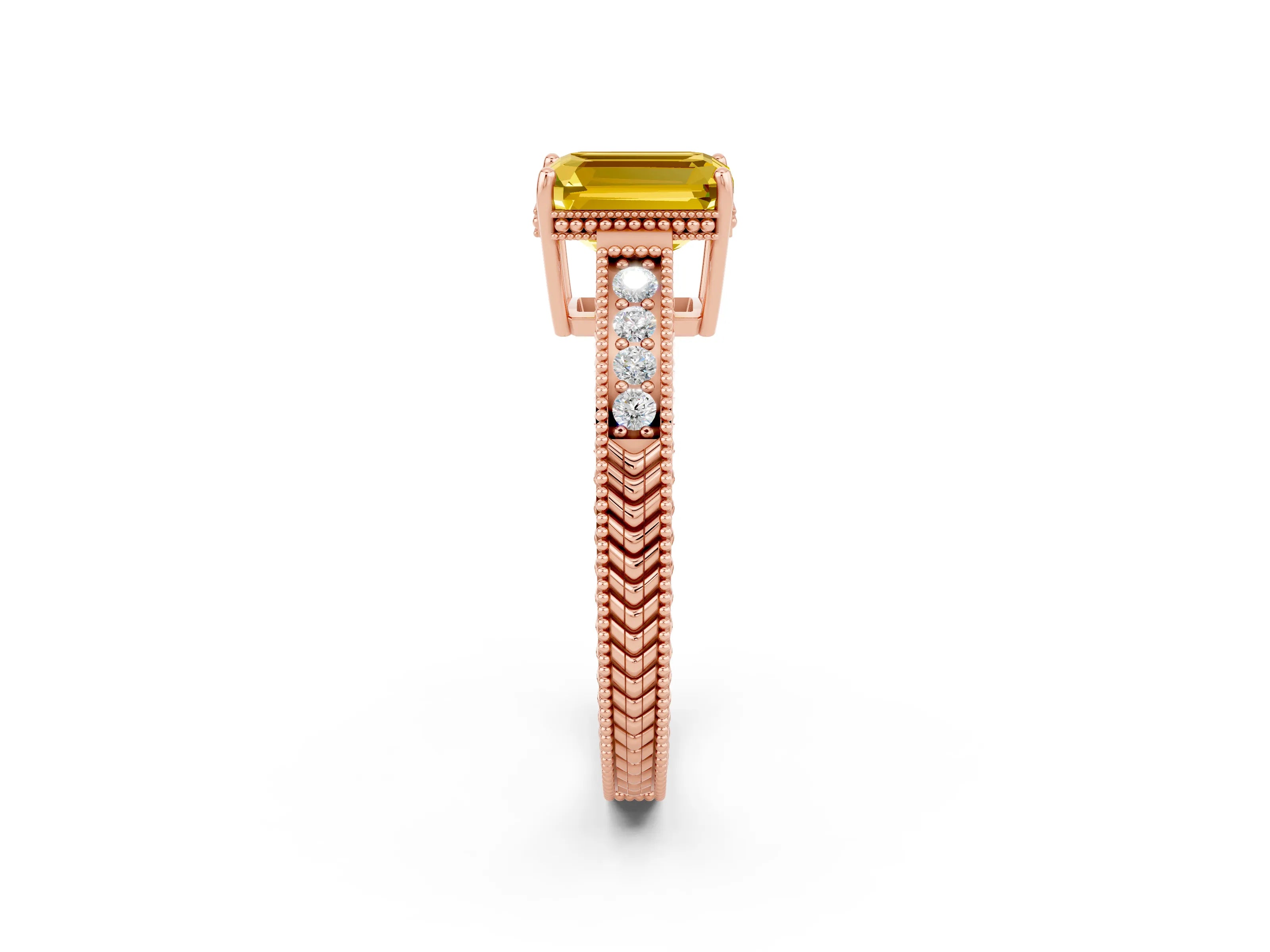 Rose gold Emerald Cut Yellow Sapphire Ring with Milgrain Pavé Band and Four-Prong Setting_38