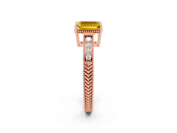 Rose gold Emerald Cut Yellow Sapphire Ring with Milgrain Pavé Band and Four-Prong Setting