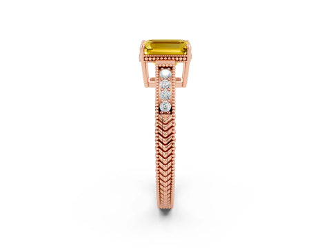 Rose gold Emerald Cut Yellow Sapphire Ring with Milgrain Pavé Band and Four-Prong Setting_38
